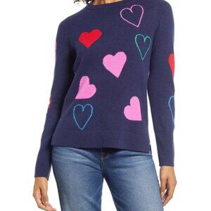 Heart Patterned Sweater - Navy with Pink and Red Accents 100% cashmere